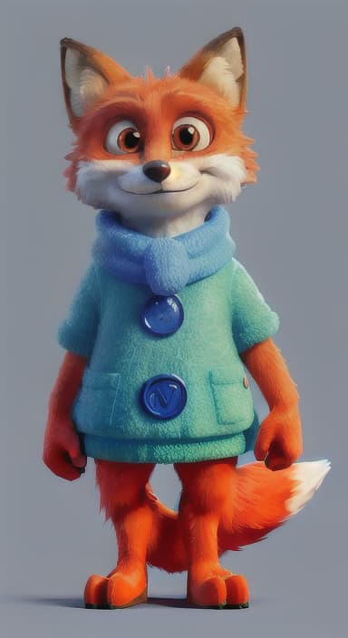  {Error the fox pressing the blue button with his paw, looking puzzled as nothing occurs., Error is a small, bright orange fox with a fluffy tail and big, inquisitive eyes. He has a mischievous yet kind expression and wears a tiny green scarf.