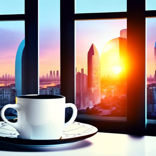 estilovintedois Futuristic style. Deck of cards and cup of tea over white table. Sunset through a window with a city view. White and soft tones.