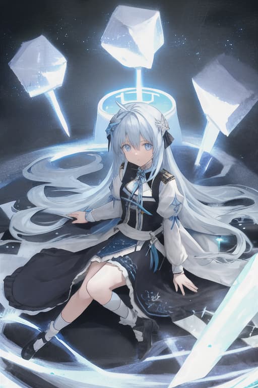  The eyes are blue and light blue, the hair is white, a semi -long girl, a dress in a dress and an angel's blades grow, starry sky, fluffy atmosphere