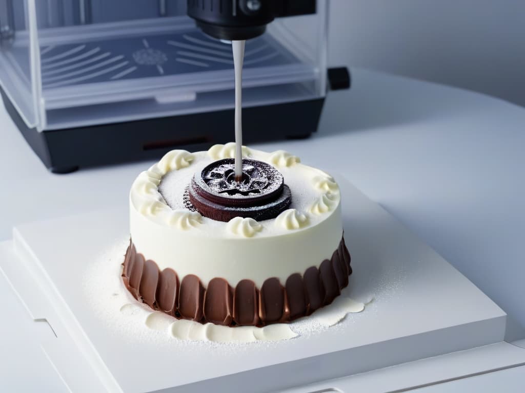  A highresolution, ultradetailed image of a sleek, modern 3D printer in action, delicately crafting a intricate and detailed dessert design. The printer is set against a clean, white background, with the focus on the precise movements of the printer's nozzle as it intricately builds up the layers of the edible creation. The image captures the futuristic and cuttingedge technology of 3D printing for desserts, showcasing the precision and complexity involved in the process. hyperrealistic, full body, detailed clothing, highly detailed, cinematic lighting, stunningly beautiful, intricate, sharp focus, f/1. 8, 85mm, (centered image composition), (professionally color graded), ((bright soft diffused light)), volumetric fog, trending on instagram, trending on tumblr, HDR 4K, 8K