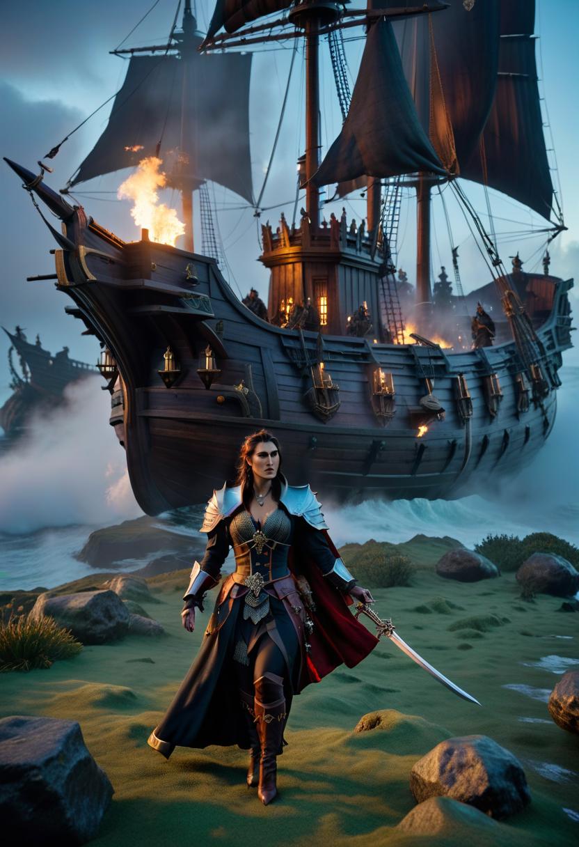  role playing game (RPG) style fantasy The flying Dutchman ship . detailed, vibrant, immersive, reminiscent of high fantasy RPG games hyperrealistic, full body, detailed clothing, highly detailed, cinematic lighting, stunningly beautiful, intricate, sharp focus, f/1. 8, 85mm, (centered image composition), (professionally color graded), ((bright soft diffused light)), volumetric fog, trending on instagram, trending on tumblr, HDR 4K, 8K