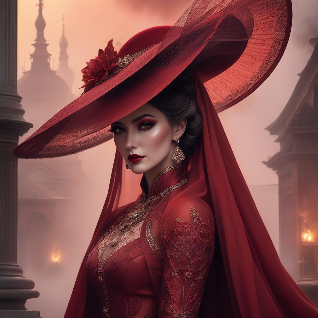  The complete form of a lady, adorned in a stunning wide brimmed red hat, graced with a veil amidst smoke and fog. Her flawless countenance, featuring intricately detailed eyes with a captivating gaze, stands against a backdrop of deep red. Edge lighting enhances the scene, contributing to a digital illustration that showcases perfect anatomy. The composition is centered, approaching perfection with a dynamic and highly detailed presentation. This artwork, part of Karen Griffiths' collection on ArtStation, is characterized by its smooth execution, clear focus, and illustrative brilliance. hyperrealistic, full body, detailed clothing, highly detailed, cinematic lighting, stunningly beautiful, intricate, sharp focus, f/1. 8, 85mm, (centered image composition), (professionally color graded), ((bright soft diffused light)), volumetric fog, trending on instagram, trending on tumblr, HDR 4K, 8K