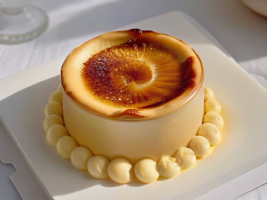  An ultradetailed closeup image of a perfectly caramelized crème brûlée, showcasing a crackling golden sugar crust shimmering under warm lighting. The smooth vanilla custard underneath is visible through the cracks, with a delicate wisp of steam rising from the dessert, highlighting the contrast between the crunchy top and creamy base. hyperrealistic, full body, detailed clothing, highly detailed, cinematic lighting, stunningly beautiful, intricate, sharp focus, f/1. 8, 85mm, (centered image composition), (professionally color graded), ((bright soft diffused light)), volumetric fog, trending on instagram, trending on tumblr, HDR 4K, 8K