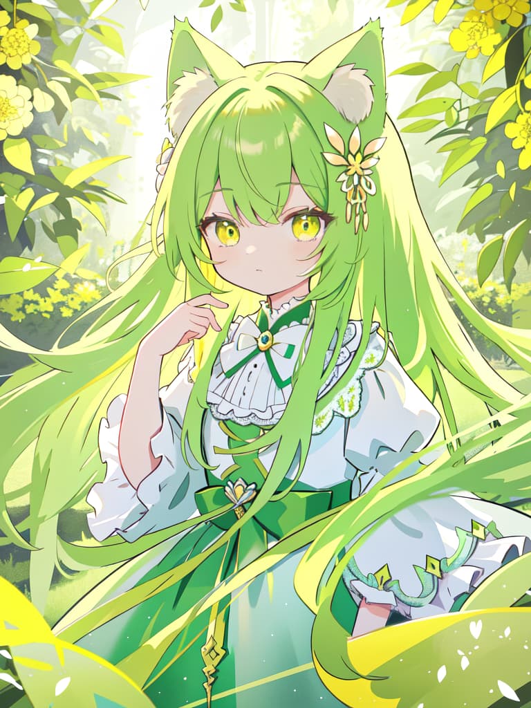  Cat ears yellow green color Long hair character is in trouble, masterpiece, best quality,8k,ultra detailed,high resolution,an extremely delicate and beautiful,hyper detail