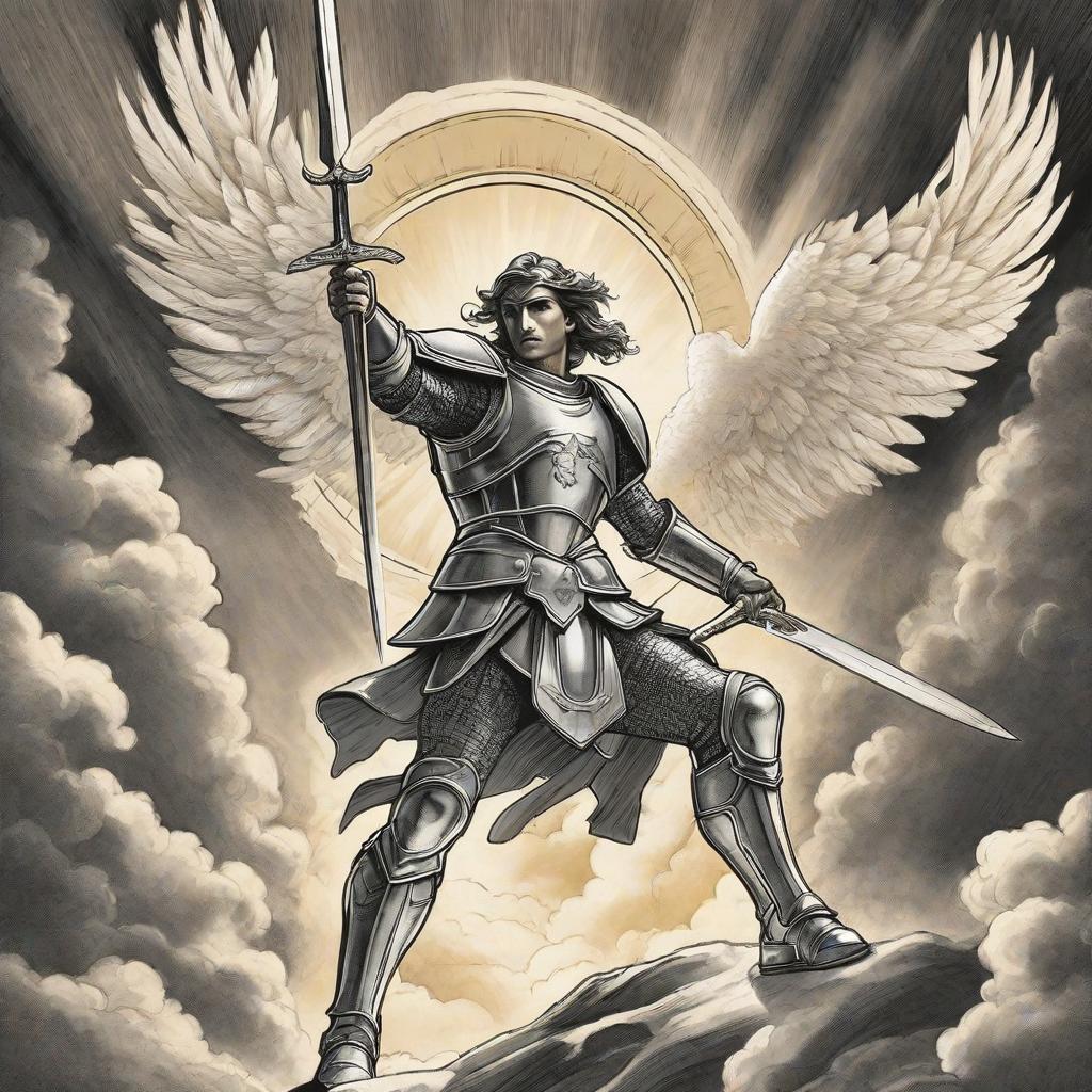  masterpiece, best quality, ### Top Section (Shoulder to Mid-Arm): - **Saint Michael**: - **Pose**: Depict Saint Michael in a powerful stance, perhaps mid-battle with a dragon or demon, emphasizing his role as a protector and leader of the heavenly hosts. - **Armor and Wings**: Intricately detailed armor and large, majestic wings spread out. You can incorporate some baroque or medieval armor design elements. - **Halo and Sword**: A radiant halo behind his head and a sword raised or poised for action, signifying his divine mission. - **Background**: Heavenly clouds, rays of light, or a celestial backdrop to give a divine atmosphere. ### Mid-Arm Section: - **Transition Elements**: - **Feathers**: Falling feathers from Saint