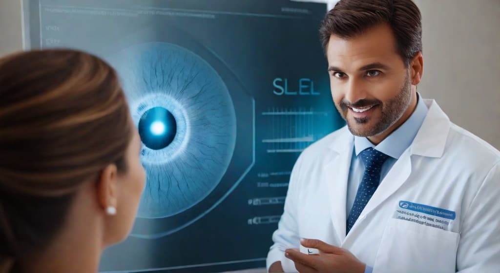  An image showing a detailed, yet approachable medical professional explaining a LASIK surgery procedure to a curious patient, with a clear, informative diagram of the eye in the background. This visual effectively conveys the theme of debunking common myths and providing accurate information about LASIK surgery.