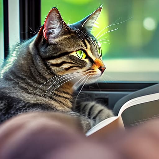 nvinkpunk Realistic image of a cat wearing headphones and reading glasses while riding a bus. hyperrealistic, full body, detailed clothing, highly detailed, cinematic lighting, stunningly beautiful, intricate, sharp focus, f/1. 8, 85mm, (centered image composition), (professionally color graded), ((bright soft diffused light)), volumetric fog, trending on instagram, trending on tumblr, HDR 4K, 8K