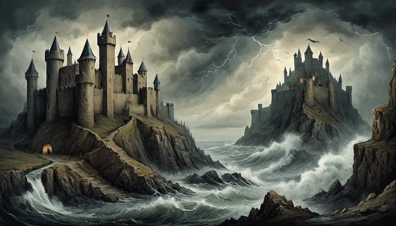  on parchment, surrealism+++, A medieval fortress crumbling under the force of a mighty storm, walls breaking apart, symbolizing the dismantling of power, dark and foreboding atmosphere, erosion and decay(mysterious, provocative, symbolic,muted color)+++