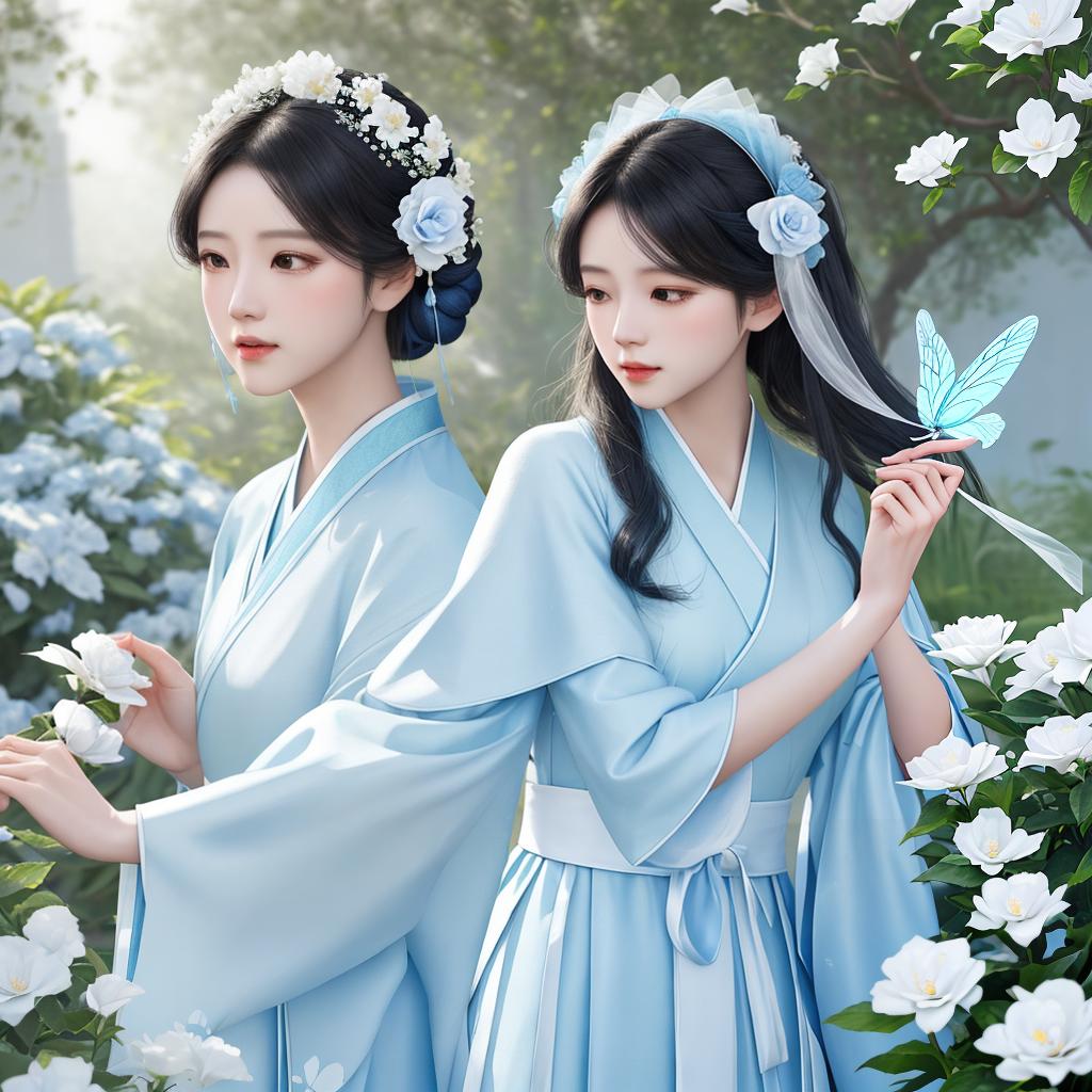  masterpiece, best quality, dress, on gl (Fidelity: 1.4), Best Quality, Masterpiece, Ultra High Resolution, Poster, Fantasy Art, Very Detailed Faces, 8k resolution, Chinese Style, An woman, Side Face, Quiet, Light Blue Hanfu, Tulle Coat, Long Black Hair, Light Blue Fringed Hair Ornament, Hairpin, White Ribbon, White Flower Bush, Light Blue erfly Flying, cinematic lighting effects