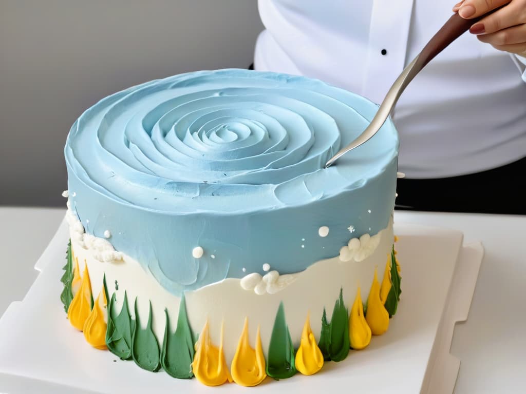  A visually striking, minimalistic image of a chef's hand delicately piping colorful swirls of frosting onto a beautifully decorated cake. The focus is on the precision and artistry of the piping technique, showcasing the intricate details and vibrant colors of the frosting against a clean, white backdrop. The image exudes creativity, skill, and a sense of accomplishment, perfectly complementing the theme of adapting recipes for chefs with cognitive disabilities in a professional and inspiring manner. hyperrealistic, full body, detailed clothing, highly detailed, cinematic lighting, stunningly beautiful, intricate, sharp focus, f/1. 8, 85mm, (centered image composition), (professionally color graded), ((bright soft diffused light)), volumetric fog, trending on instagram, trending on tumblr, HDR 4K, 8K