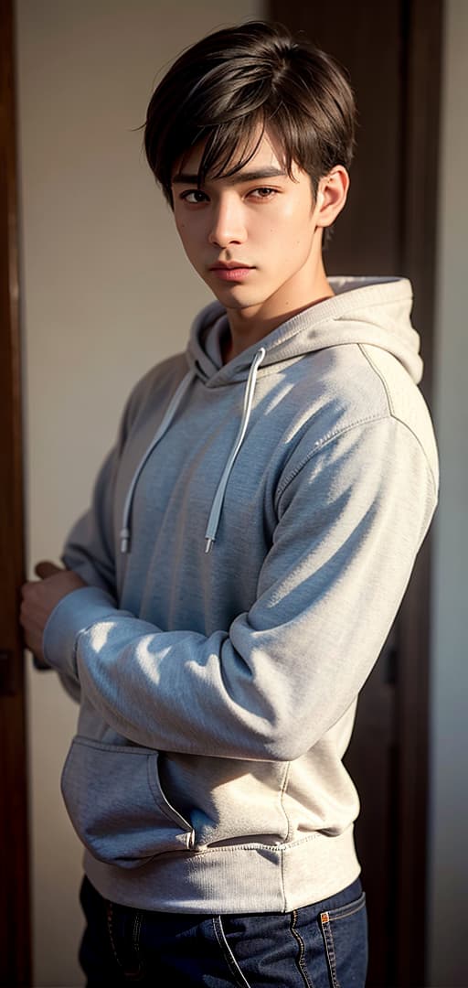  Best quality, masterpiece, ultra high res, (photorealistic:1.4), raw photo, (detail face:1.3), (realistic skin), deep shadow, dramatic lighting, handsome, cool, a guy, casual, hoodie, high school student, short hair, cargo pants, pullover, deep shadow, dramatic lighting, portrait, portrait size, unedited, symmetrical balance