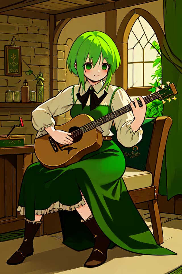  Green hair character comfortable medieval music, fantasy bard, tavern atmosphere