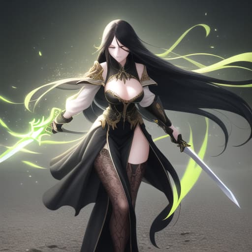  girl with long black hair and light emerald eyes with an angry expression with a sword pointing in front hyperrealistic, full body, detailed clothing, highly detailed, cinematic lighting, stunningly beautiful, intricate, sharp focus, f/1. 8, 85mm, (centered image composition), (professionally color graded), ((bright soft diffused light)), volumetric fog, trending on instagram, trending on tumblr, HDR 4K, 8K