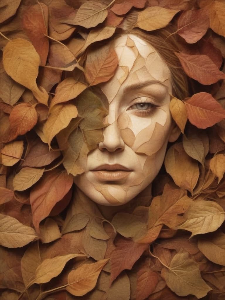  surrealist art autumn leaves folded in the shape of a woman's face, style of Amanda Sage . dreamlike, mysterious, provocative, symbolic, intricate, detailed