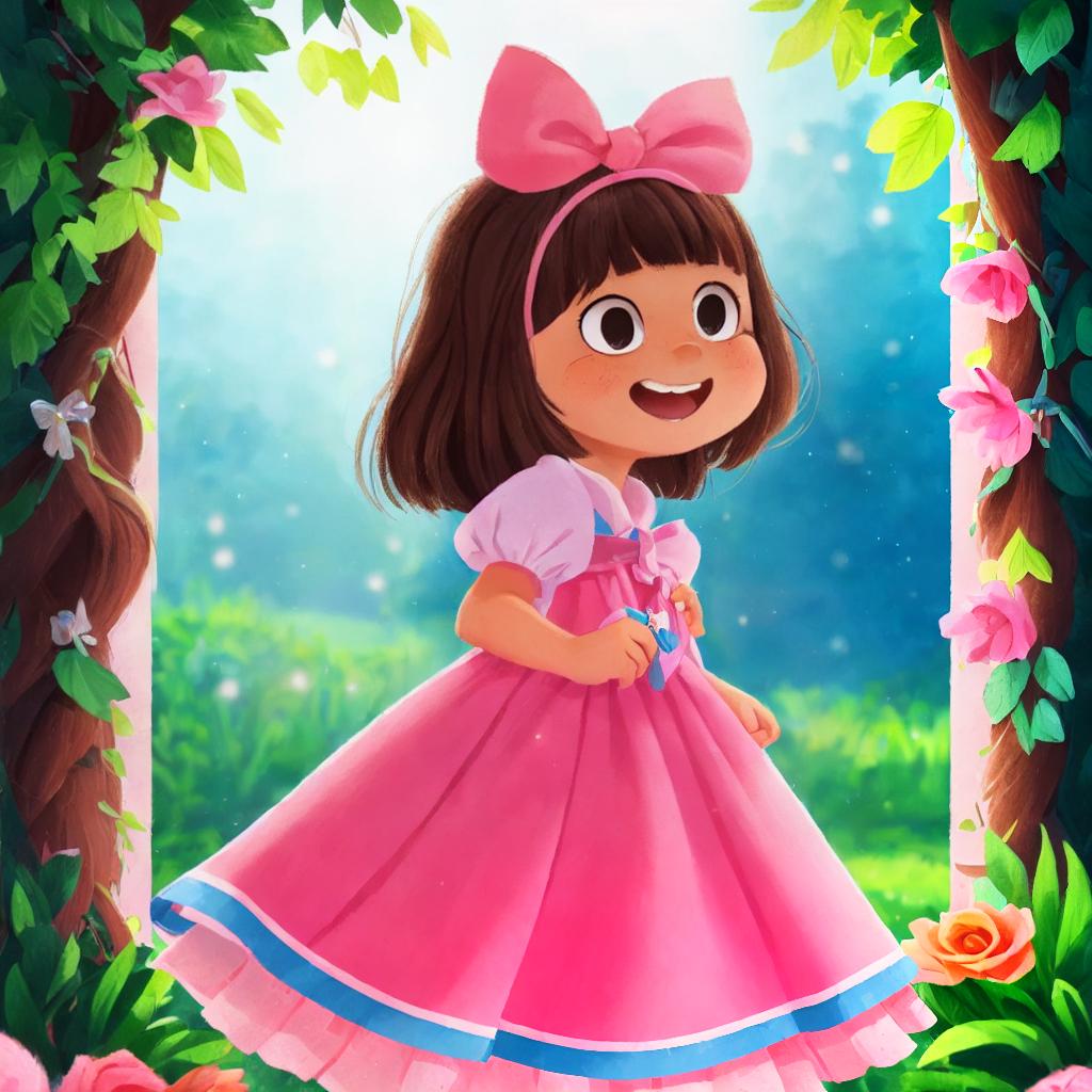  (best quality:1.5), (realistic:1.0), 1girl ,long brown hair, pink dress, blue ribbon, running, dim light