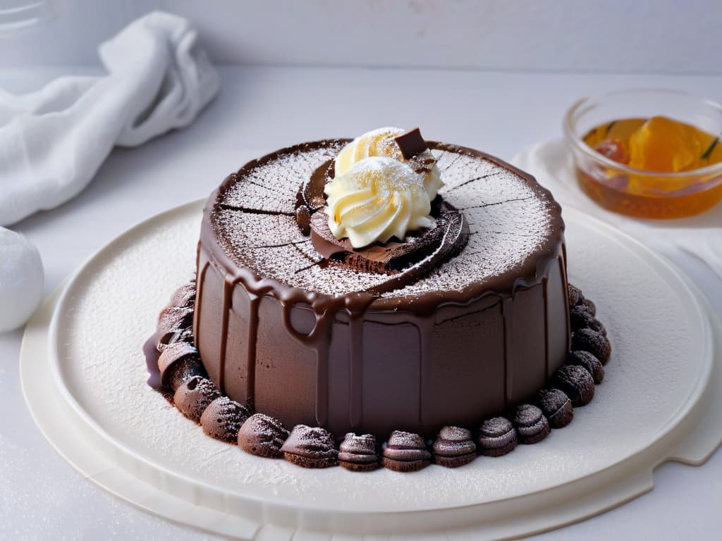  A closeup, photorealistic image of a decadent chocolate lava cake being gently sliced open, revealing a luscious molten chocolate center oozing out onto a pristine white plate. The cake is beautifully garnished with a dusting of powdered sugar, a scoop of velvety vanilla ice cream melting beside it, and delicate chocolate shavings sprinkled artistically around the plate. The warm, inviting colors and textures of the dessert create a truly multisensorial experience, evoking the rich aroma of chocolate and the promise of indulgent sweetness. hyperrealistic, full body, detailed clothing, highly detailed, cinematic lighting, stunningly beautiful, intricate, sharp focus, f/1. 8, 85mm, (centered image composition), (professionally color graded), ((bright soft diffused light)), volumetric fog, trending on instagram, trending on tumblr, HDR 4K, 8K