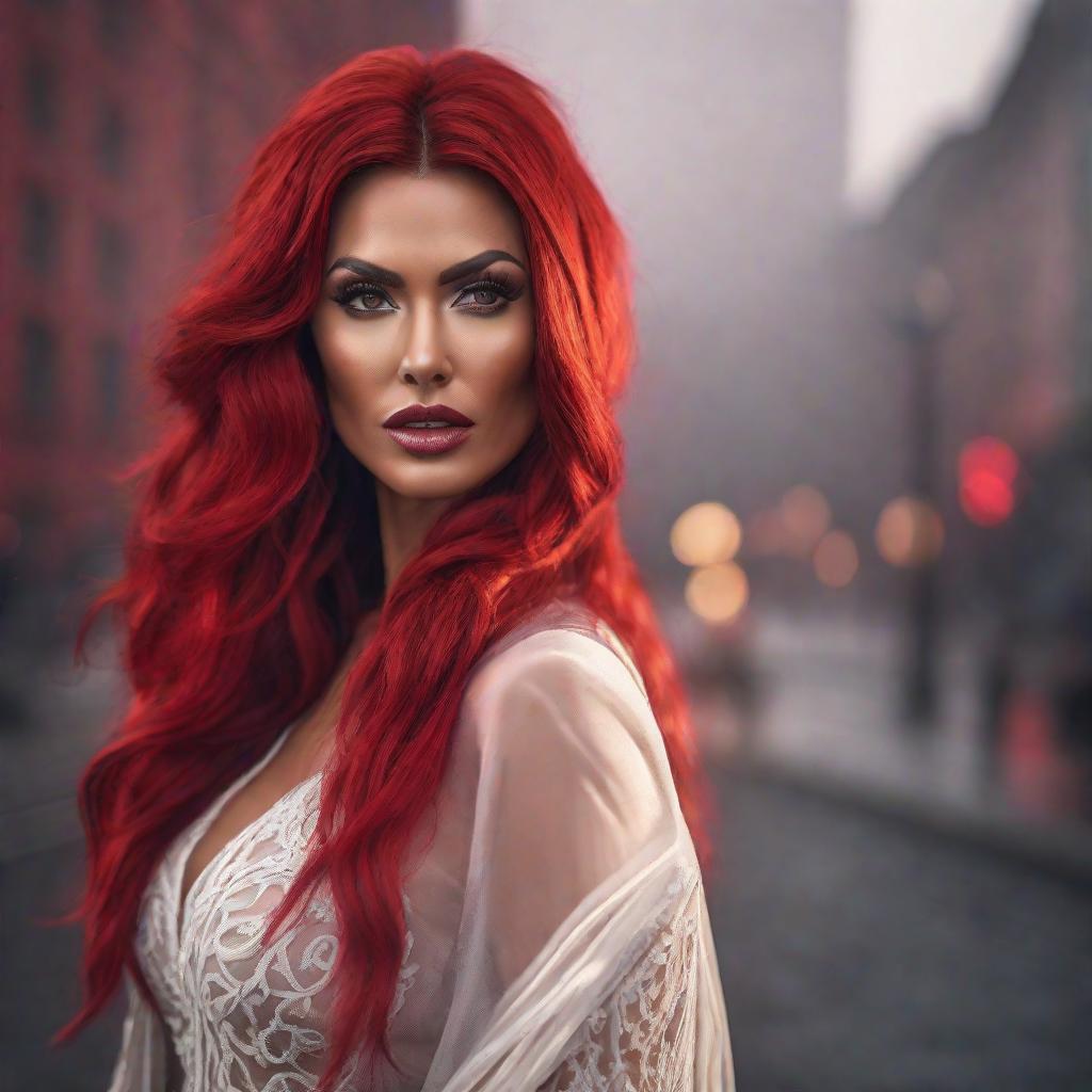  Red hairy woman hot hyperrealistic, full body, detailed clothing, highly detailed, cinematic lighting, stunningly beautiful, intricate, sharp focus, f/1. 8, 85mm, (centered image composition), (professionally color graded), ((bright soft diffused light)), volumetric fog, trending on instagram, trending on tumblr, HDR 4K, 8K