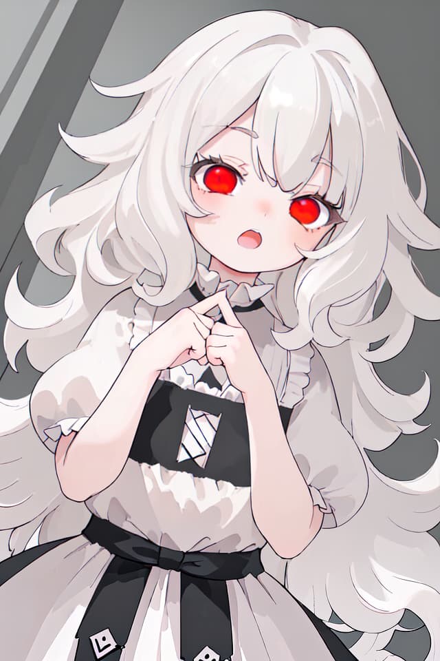  ultra detailed:1.2masterpiece:1.2,best quality,masterpiece,bestquality,hdr:1.1,8k:1.1,very cute girl:1.3,white hair:1.3,long hair,volume hair:0.5,curly hair:1.4,red eyes,bad mood:1.1,sleepy eyes:1.1,dot open mouth:1.3,upper body:1.3,dutch angle,half closed eyes:1.2