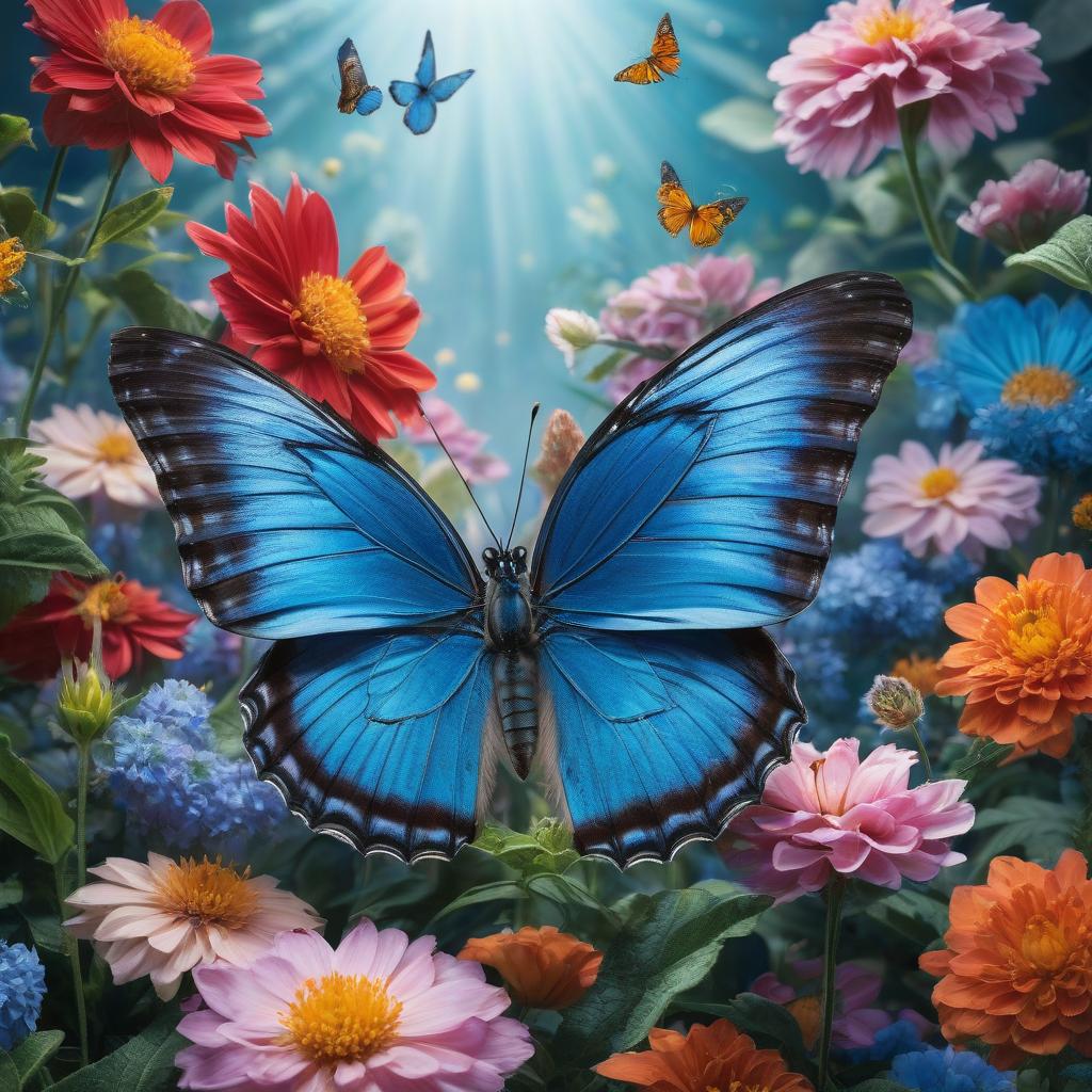  blue butterfly surrounded by flowers and moths, beautiful color , within radiant connection, happy sunny day, beautiful deep colors, ornate, macro , bright, saturated, beautiful deep colors, beautiful pattern, acrylic hyperrealistic, full body, detailed clothing, highly detailed, cinematic lighting, stunningly beautiful, intricate, sharp focus, f/1. 8, 85mm, (centered image composition), (professionally color graded), ((bright soft diffused light)), volumetric fog, trending on instagram, trending on tumblr, HDR 4K, 8K