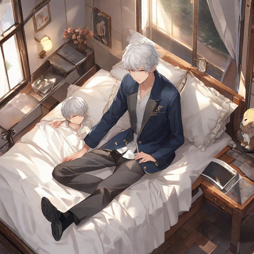  masterpiece, best quality, prefect face,exquisite facial features,full body,best quality,(male:0.3),(boy:0.5),shota,blush,white hair,short hair,no socks,bare_legs,(on back:0.9),lie,indoor,bed