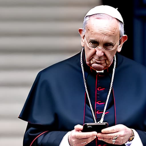 lnkdn photography Pope Francis with an iPhone 15 in his hands showing clearly, wearing air jordan dunk low sneakers 2023 on his feet to make the image clear and objective,