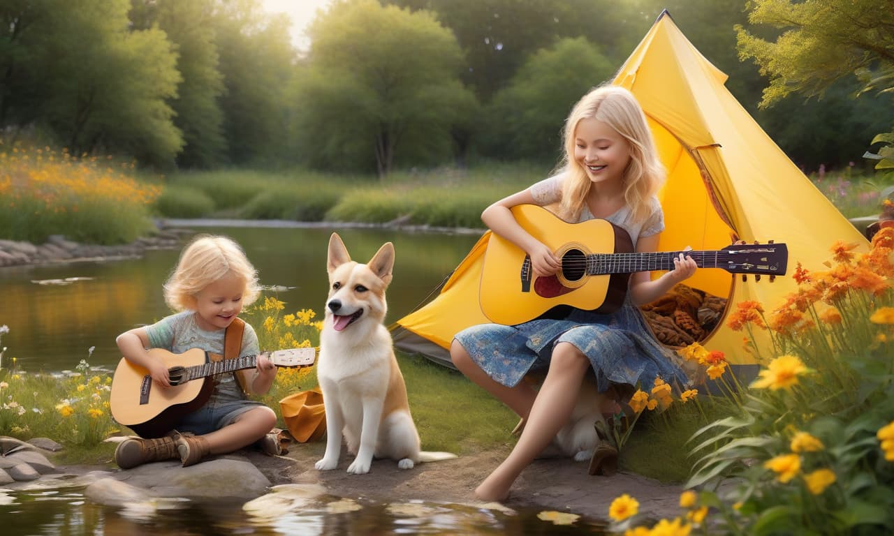  Blond children are playing the guitar by the pond, a dog is running nearby, a tent is not far, bright yellow and orange colors prevail, there's a smile on their faces, and wildflowers. hyperrealistic, full body, detailed clothing, highly detailed, cinematic lighting, stunningly beautiful, intricate, sharp focus, f/1. 8, 85mm, (centered image composition), (professionally color graded), ((bright soft diffused light)), volumetric fog, trending on instagram, trending on tumblr, HDR 4K, 8K