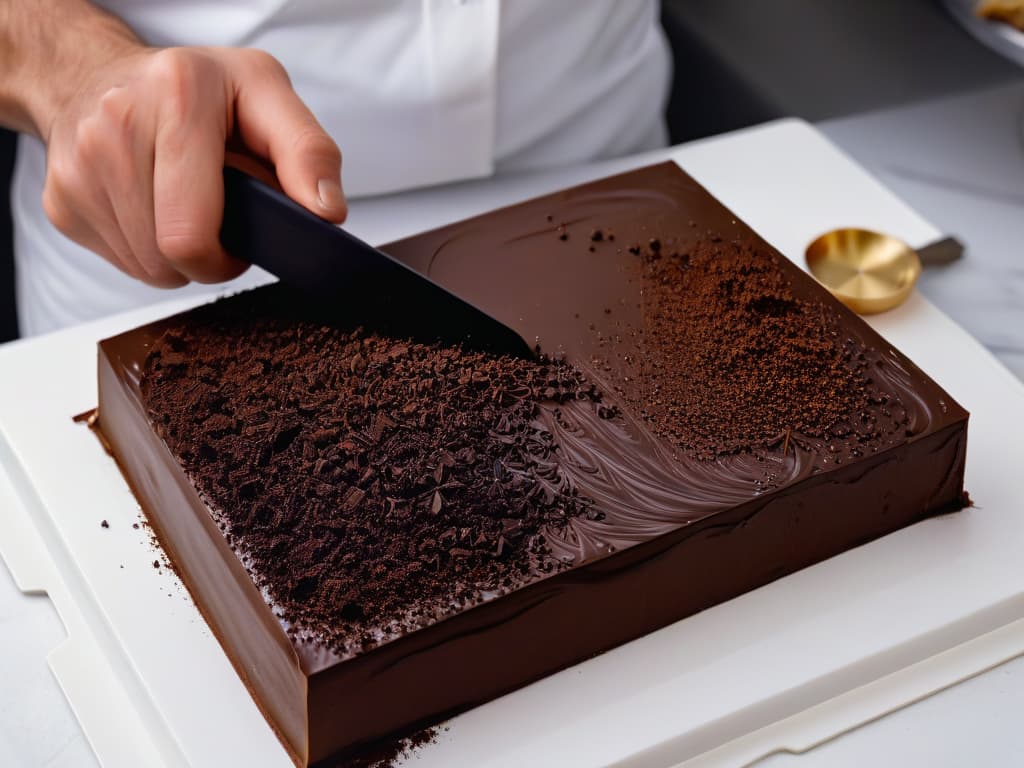  A closeup, ultradetailed image of a skilled chocolatier expertly tempering and swirling glossy dark chocolate on a marble surface, showcasing intricate patterns and glossy textures in the rich, velvety chocolate. The expert's hands are precise and focused, with tools like a scraper and thermometer visible nearby, capturing the essence of advanced chocolate manipulation techniques. The lighting is soft and focused, emphasizing the artistry and precision required in the process, setting a professional and inspiring tone for the article. hyperrealistic, full body, detailed clothing, highly detailed, cinematic lighting, stunningly beautiful, intricate, sharp focus, f/1. 8, 85mm, (centered image composition), (professionally color graded), ((bright soft diffused light)), volumetric fog, trending on instagram, trending on tumblr, HDR 4K, 8K