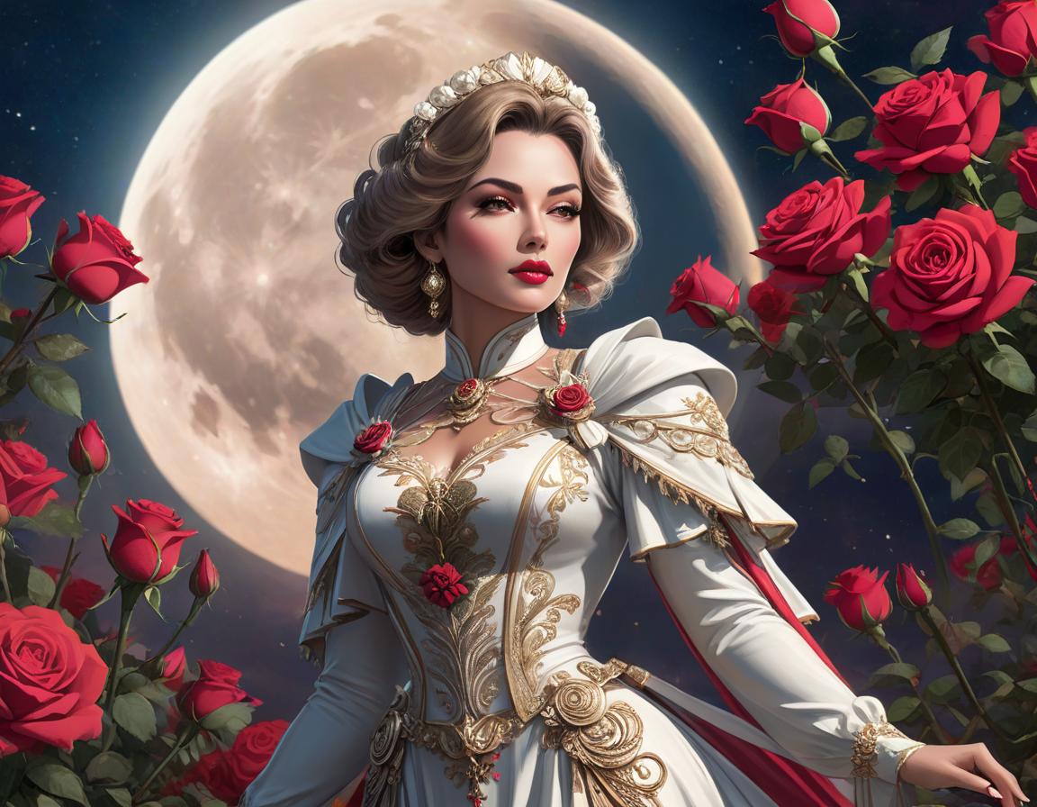  concept art An elaborate digital artwork of a woman in vintage attire with roses and a lunar backdrop. . digital artwork, illustrative, painterly, matte painting, highly detailed hyperrealistic, full body, detailed clothing, highly detailed, cinematic lighting, stunningly beautiful, intricate, sharp focus, f/1. 8, 85mm, (centered image composition), (professionally color graded), ((bright soft diffused light)), volumetric fog, trending on instagram, trending on tumblr, HDR 4K, 8K