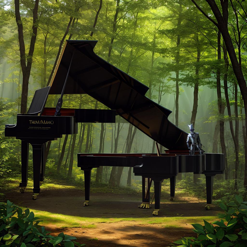  in a fantasy setting, An anthropomorphic robot playing a grand piano in a sunlit, serene forest clearing