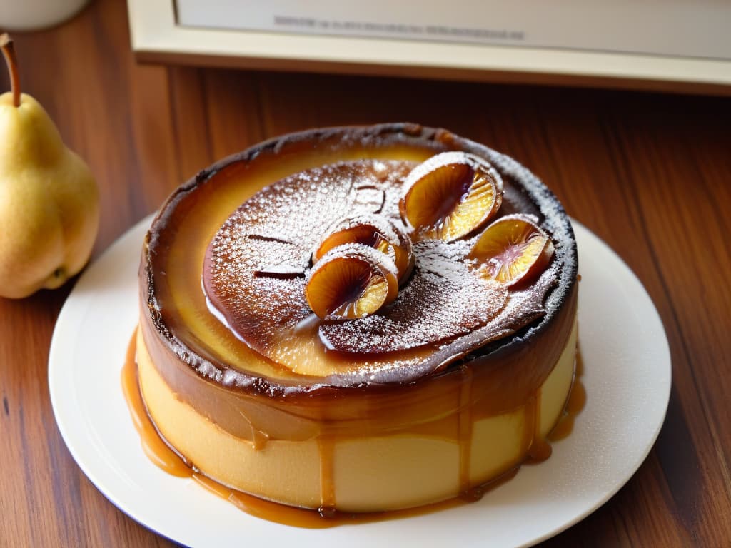  An ultradetailed image of a goldenbrown Tarta Tatin de pera, freshly baked and oozing with caramelized juices, resting on a rustic wooden tabletop. The pears are perfectly arranged in a circular pattern on top of the flaky pastry, glistening under a light drizzle of caramel sauce. The background features a cozy kitchen setting with soft natural light streaming in, highlighting the delectable dessert and creating a warm, inviting atmosphere. hyperrealistic, full body, detailed clothing, highly detailed, cinematic lighting, stunningly beautiful, intricate, sharp focus, f/1. 8, 85mm, (centered image composition), (professionally color graded), ((bright soft diffused light)), volumetric fog, trending on instagram, trending on tumblr, HDR 4K, 8K