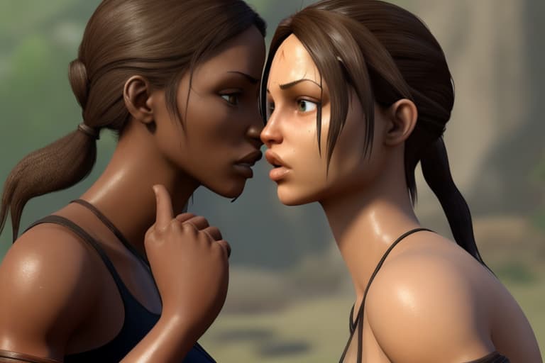  Character Lara Croft skinny without any clothes on standing with a skinny black female without any clothes on kissing