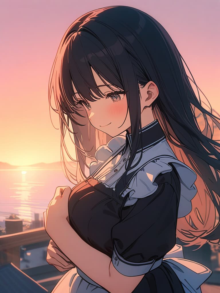  Gles, black hair, ided, maid, gles , sober, smile, good work, manuality, sunset, huge s, hugging, masterpiece, best quality,8k,ultra detailed,high resolution,an extremely delicate and beautiful,hyper detail