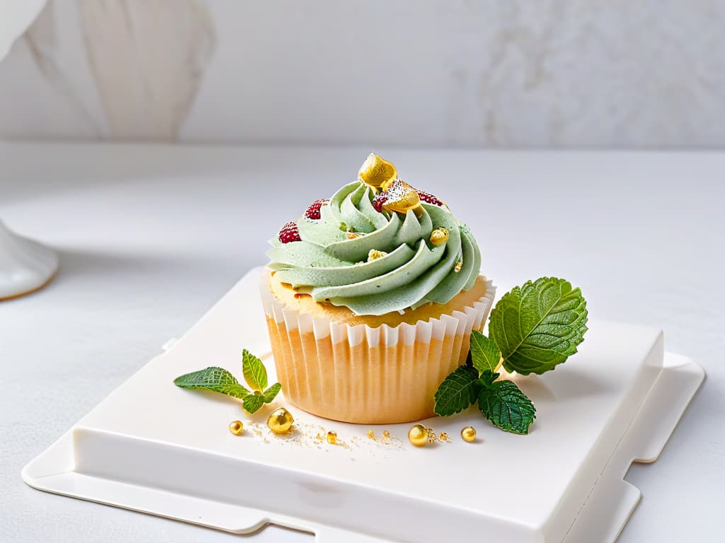  A closeup, ultradetailed image of a single perfectly frosted cupcake, topped with delicate edible gold leaf, surrounded by scattered fresh raspberries and mint leaves on a sleek, modern marble countertop. The frosting on the cupcake is swirled elegantly, with intricate piping details and a light dusting of shimmering edible glitter, showcasing the artistry and precision of contemporary pastry design. The rich colors of the raspberries and vibrant green of the mint leaves contrast beautifully with the neutral tones of the marble surface, creating a visually striking and minimalist composition that embodies sophistication and indulgence in the world of pastry trends for 2023. hyperrealistic, full body, detailed clothing, highly detailed, cinematic lighting, stunningly beautiful, intricate, sharp focus, f/1. 8, 85mm, (centered image composition), (professionally color graded), ((bright soft diffused light)), volumetric fog, trending on instagram, trending on tumblr, HDR 4K, 8K