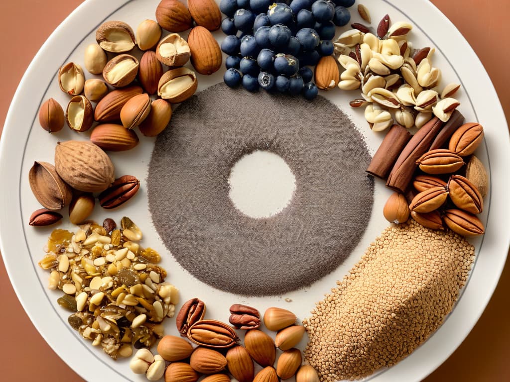  An ultradetailed closeup image of a variety of nuts and seeds arranged in a circular pattern on a light, textured surface. The nuts include walnuts, almonds, hazelnuts, and pecans, while the seeds feature chia seeds, flaxseeds, pumpkin seeds, and sunflower seeds. Each item is perfectly placed to showcase its unique texture and shape, inviting the viewer to appreciate the diverse options available for adding crunch and nutrition to desserts. The lighting highlights the natural colors and intricate details of each nut and seed, creating a visually captivating and informative composition. hyperrealistic, full body, detailed clothing, highly detailed, cinematic lighting, stunningly beautiful, intricate, sharp focus, f/1. 8, 85mm, (centered image composition), (professionally color graded), ((bright soft diffused light)), volumetric fog, trending on instagram, trending on tumblr, HDR 4K, 8K