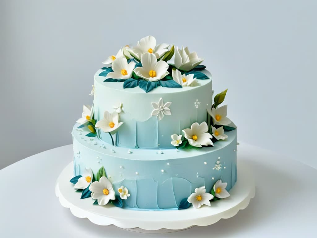  A beautifully crafted threetiered cake adorned with delicate sugar flowers in soft pastel colors, set against a clean white background. The intricate details of the petals and leaves showcase the expert craftsmanship and precision involved in creating this stunning confection, perfect for a seminar on advanced techniques in cake design. hyperrealistic, full body, detailed clothing, highly detailed, cinematic lighting, stunningly beautiful, intricate, sharp focus, f/1. 8, 85mm, (centered image composition), (professionally color graded), ((bright soft diffused light)), volumetric fog, trending on instagram, trending on tumblr, HDR 4K, 8K