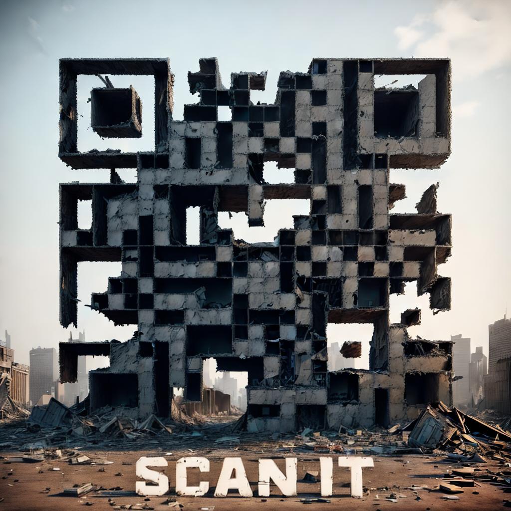  a post apocalypse city, a destroyed building close up, raw photo, 3d letters on ground, word &quot;SCAN IT&quot;, best quality, masterpiece