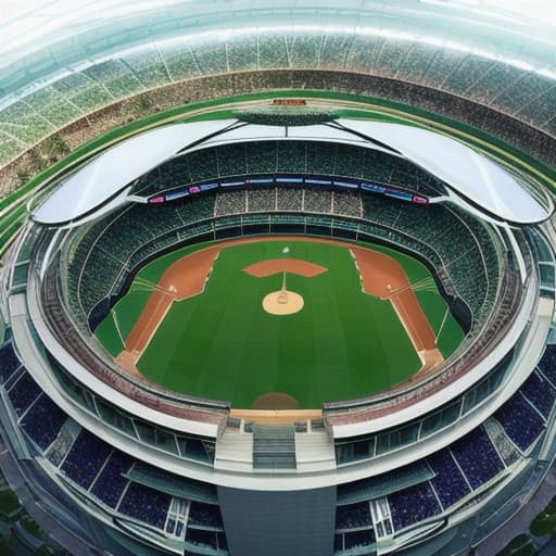  panoramic views of futuristic MLB baseball stadium with a lot of greenery and glass dome