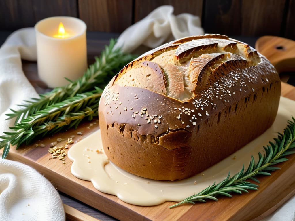  A closeup, highresolution image of a freshly baked loaf of rustic rye bread, showcasing its golden crust sprinkled with whole rye grains. The bread rests on a wooden cutting board, surrounded by scattered rye flour and a few sprigs of rosemary for a touch of greenery. The lighting is soft and natural, highlighting the texture of the crust and the earthy tones of the rye flour. This minimalistic image captures the essence of rustic baking and the wholesome simplicity of using rye flour in breadmaking. hyperrealistic, full body, detailed clothing, highly detailed, cinematic lighting, stunningly beautiful, intricate, sharp focus, f/1. 8, 85mm, (centered image composition), (professionally color graded), ((bright soft diffused light)), volumetric fog, trending on instagram, trending on tumblr, HDR 4K, 8K