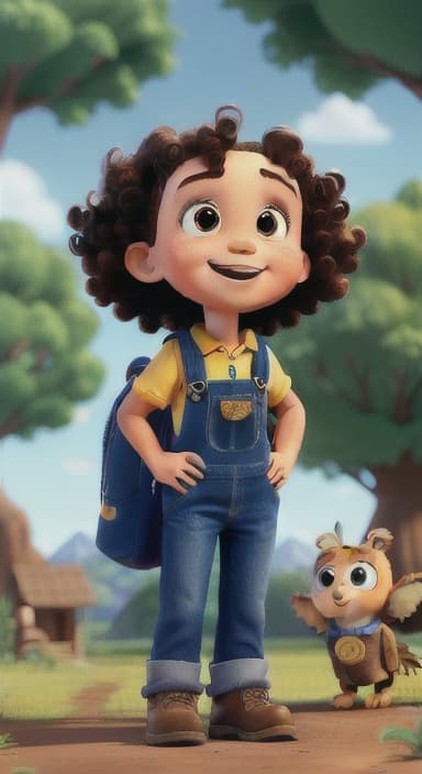  {Riley looking up at the tree with a big smile, animals surrounding them., Riley, a curious with big brown eyes and curly hair, wearing overalls and carrying a small backpack. Their friend, Skye, a bluebird with shiny feathers.