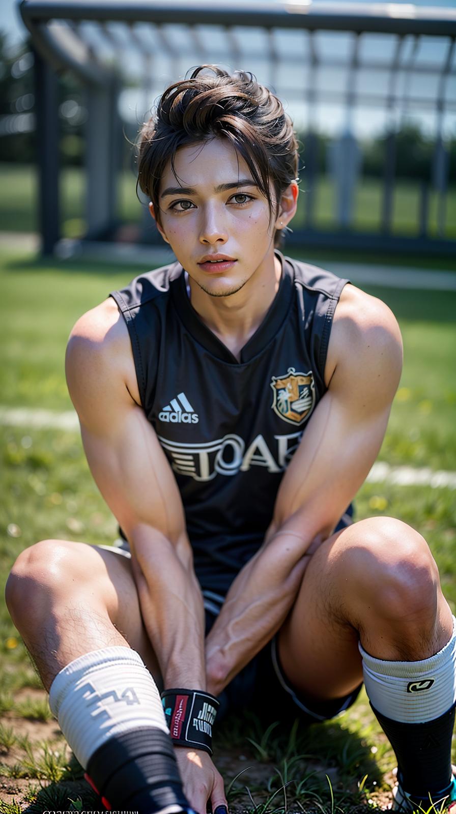  ultra high res, (photorealistic:1.4), raw photo, (realistic face), realistic eyes, (realistic skin), <lora:XXMix9_v20LoRa:0.8>, (handsome:1.5), (male:2.1), (young soccer players:1.3), (pompadour:1.2), (white briefs:1.3), (sleeveless:1.2), spike shoes, (soccer shin guards:1.3), young, sitting posture, (spread legs:1.1), real skin, (sexy posing:1.3), hot guy, (muscular:1.3), (naked:1.1), (bulge:1.1), trained calves, thigh, realistic, lifelike, high quality, photos taken with a single-lens reflex camera, (looking at the camera:1.2)
