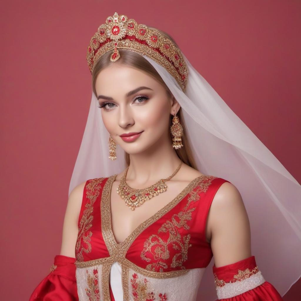  A beautiful Russian girl, in a national festive outfit, is dancing in a beautiful kokoshnik.Style art