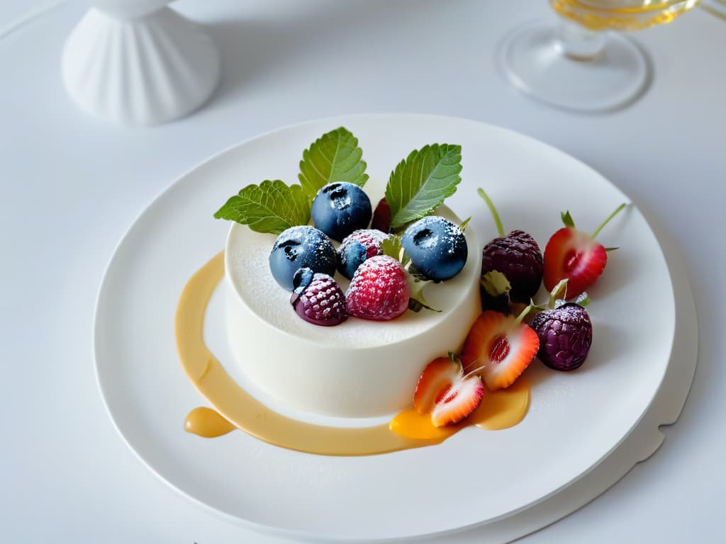  An ultradetailed image of a single, elegant dessert plate placed on a sleek, modern table. The dessert is a visually striking composition of delicate layers, featuring a smooth, glossy glaze with a subtle reflection of surrounding light. The plate is garnished with a minimalist arrangement of fresh, vibrant berries and a single edible flower, adding a pop of color against the monochromatic backdrop. The attention to detail in presentation is impeccable, showcasing precision and artistry in the creation of this sophisticated and visually stunning minimalist dessert. hyperrealistic, full body, detailed clothing, highly detailed, cinematic lighting, stunningly beautiful, intricate, sharp focus, f/1. 8, 85mm, (centered image composition), (professionally color graded), ((bright soft diffused light)), volumetric fog, trending on instagram, trending on tumblr, HDR 4K, 8K