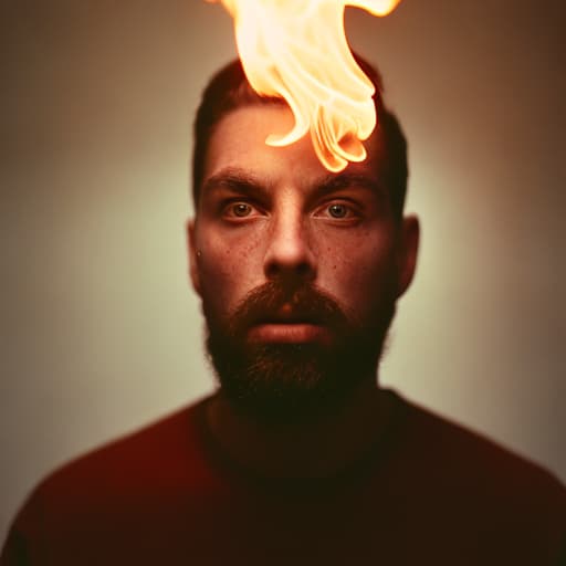 analog style Man scared with fire reflected in his eyes