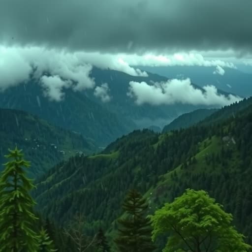  a breathtaking view of scenic mountains during rain. the mountains are lush and green, with dark clouds overhead and raindrops falling. the scene captures the beauty of nature, with mist rising from the peaks and a serene atmosphere. a few trees are visible in the foreground, adding to the tranquility of the landscape. hyperrealistic, full body, detailed clothing, highly detailed, cinematic lighting, stunningly beautiful, intricate, sharp focus, f/1. 8, 85mm, (centered image composition), (professionally color graded), ((bright soft diffused light)), volumetric fog, trending on instagram, trending on tumblr, HDR 4K, 8K