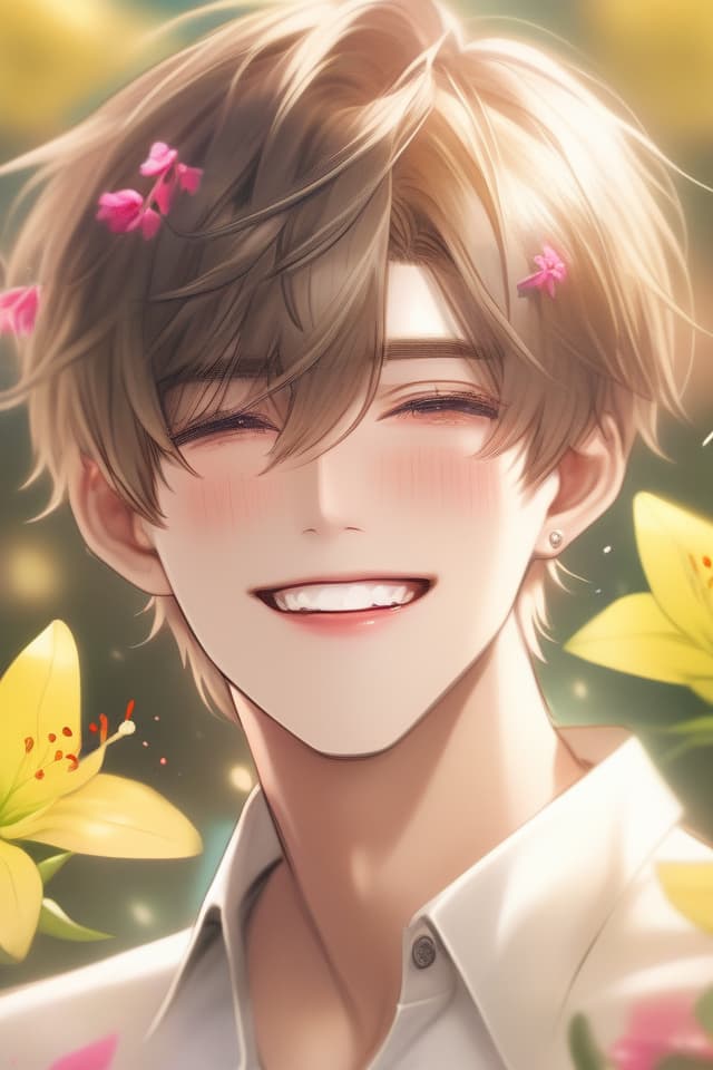  Masterpiece,(((a male))),delicate light yellaw hair color,short hair,smile,V眉,delicate face,(((larynx))),(((red azalea flower))),fresh,high quality,8K