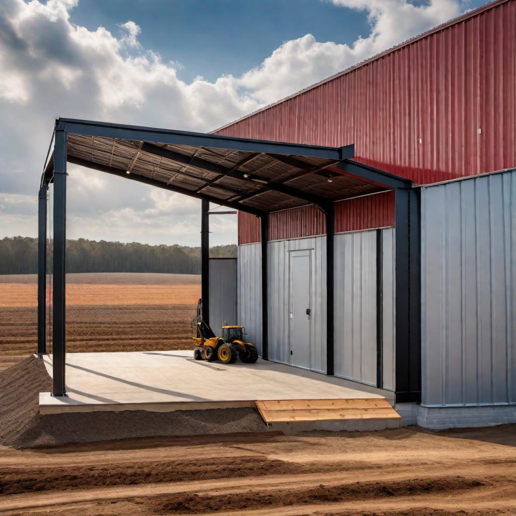  A vibrant and dynamic image for a metal building supply company that caters to contractors, farms, and homeowners. The image should showcase a variety of metal building materials including steel beams, roofing sheets, and hardware. Include elements that represent construction, agriculture, and residential sectors. The overall design should convey strength, durability, and versatility in serving different customer segments. hyperrealistic, full body, detailed clothing, highly detailed, cinematic lighting, stunningly beautiful, intricate, sharp focus, f/1. 8, 85mm, (centered image composition), (professionally color graded), ((bright soft diffused light)), volumetric fog, trending on instagram, trending on tumblr, HDR 4K, 8K