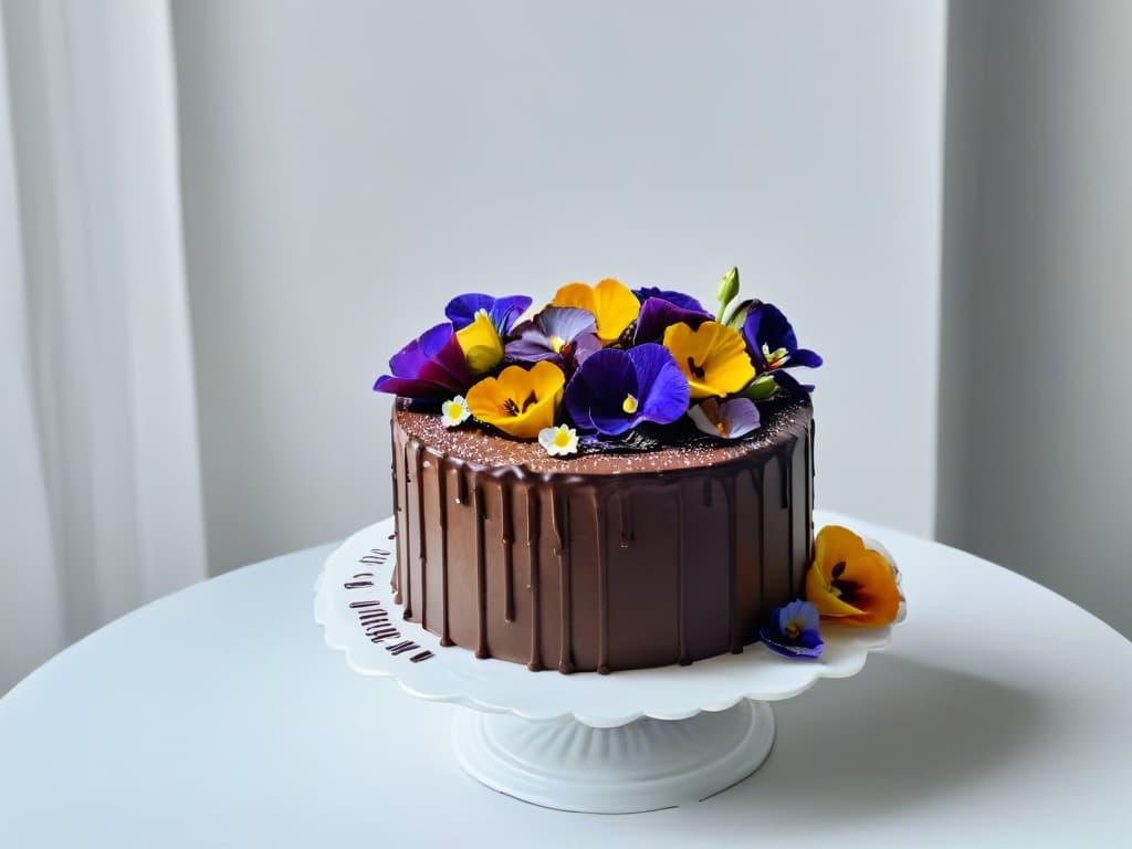  An ultradetailed, photorealistic image of a decadent chocolate cake adorned with a delicate arrangement of vibrant edible flowers. The cake is elegantly displayed on a pristine white cake stand, showcasing intricate piping details and glossy ganache drips. The edible flowers, including pansies, violets, and rose petals, are carefully placed on top of the cake, adding a pop of color and a touch of sophistication to the dessert. The background is softly blurred to ensure all focus is on the stunning cake and floral decorations. hyperrealistic, full body, detailed clothing, highly detailed, cinematic lighting, stunningly beautiful, intricate, sharp focus, f/1. 8, 85mm, (centered image composition), (professionally color graded), ((bright soft diffused light)), volumetric fog, trending on instagram, trending on tumblr, HDR 4K, 8K