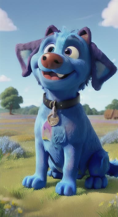  {A happy, big blue dog wagging its tail in a colorful meadow, The big blue dog is large with sky blue fur, big round eyes, a black nose, and floppy ears.