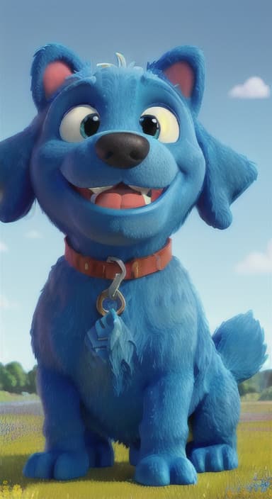  {A happy, big blue dog wagging its tail in a colorful meadow, The big blue dog is large with sky blue fur, big round eyes, a black nose, and floppy ears.