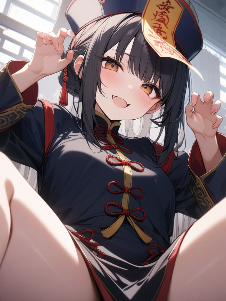  1girl,solo,jiangshi,qingdai guanmao with a ofuda,chinese clothes,claw pose,small fangs,, masterpiece, best quality,8k,ultra detailed,high resolution,an extremely delicate and beautiful,hyper detail